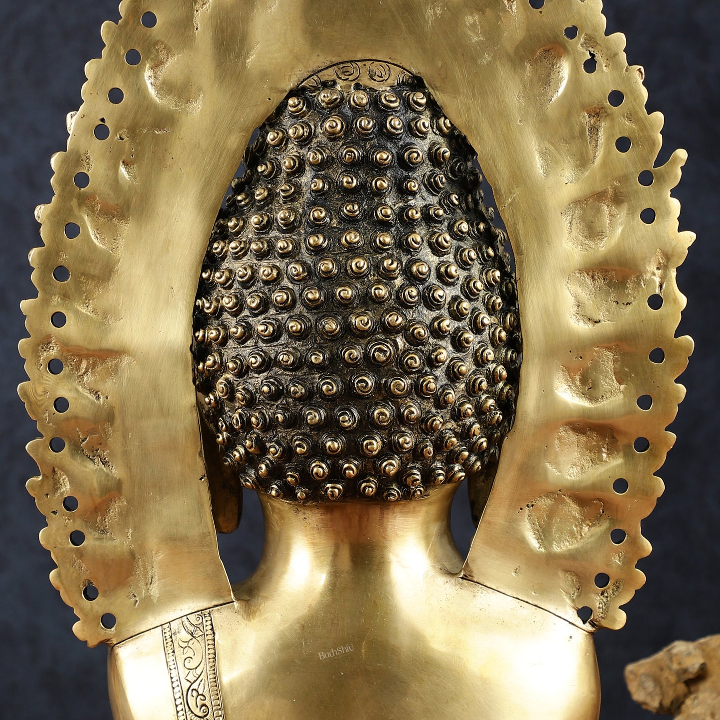 Pure Brass Large Buddha Bust Face Sculpture with Aureole Arch – 18.2" Height