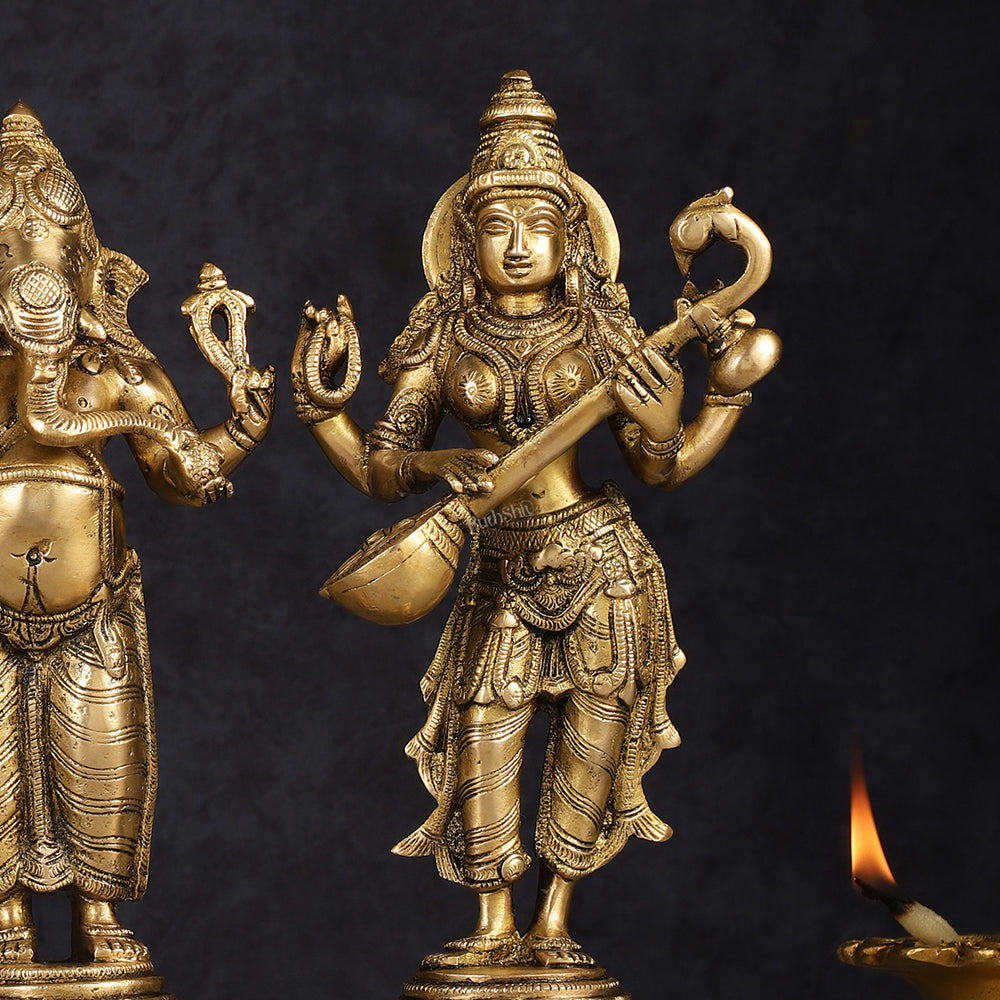 Brass Standing Ganesh Lakshmi Saraswati Idol Set 10"