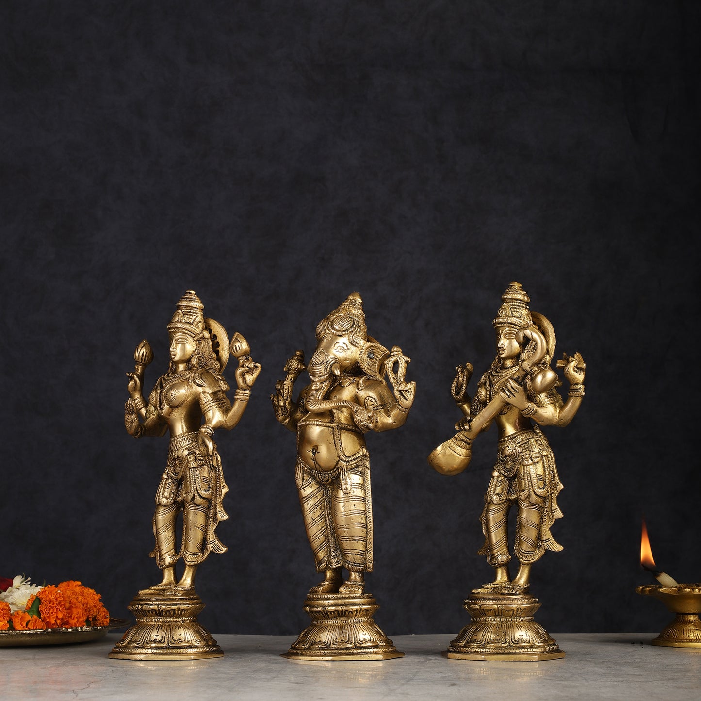 Brass Standing Ganesh Lakshmi Saraswati Idol Set 10"
