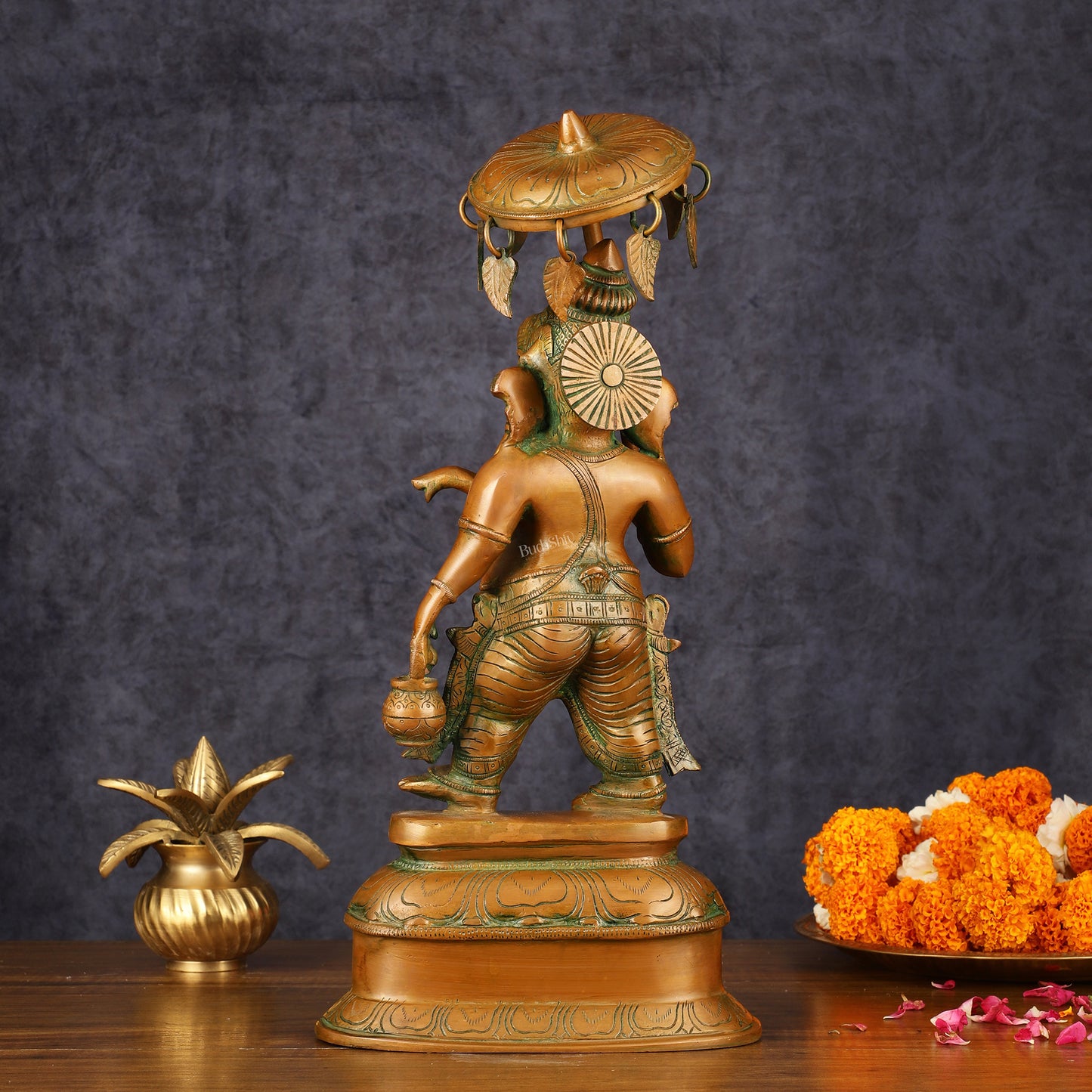 Handcrafted Brass Ganesha Statue with Umbrella and Kamandal - 15" Divine Sculpture