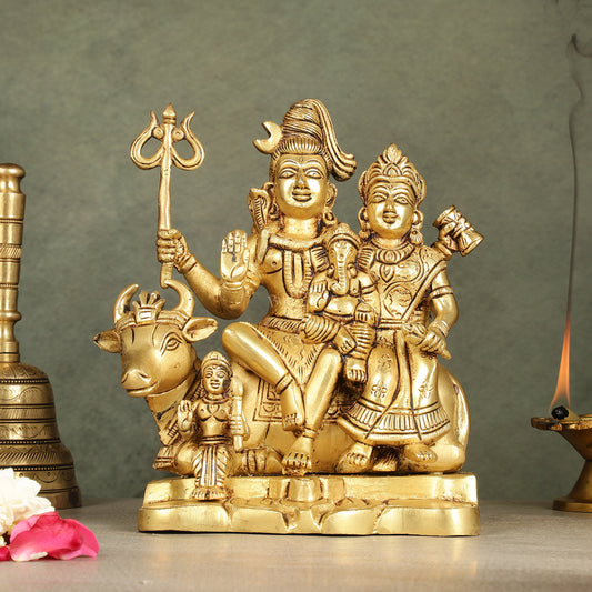 Superfine Brass Shiva Parivar Family Seated on Nandi - 8 inch
