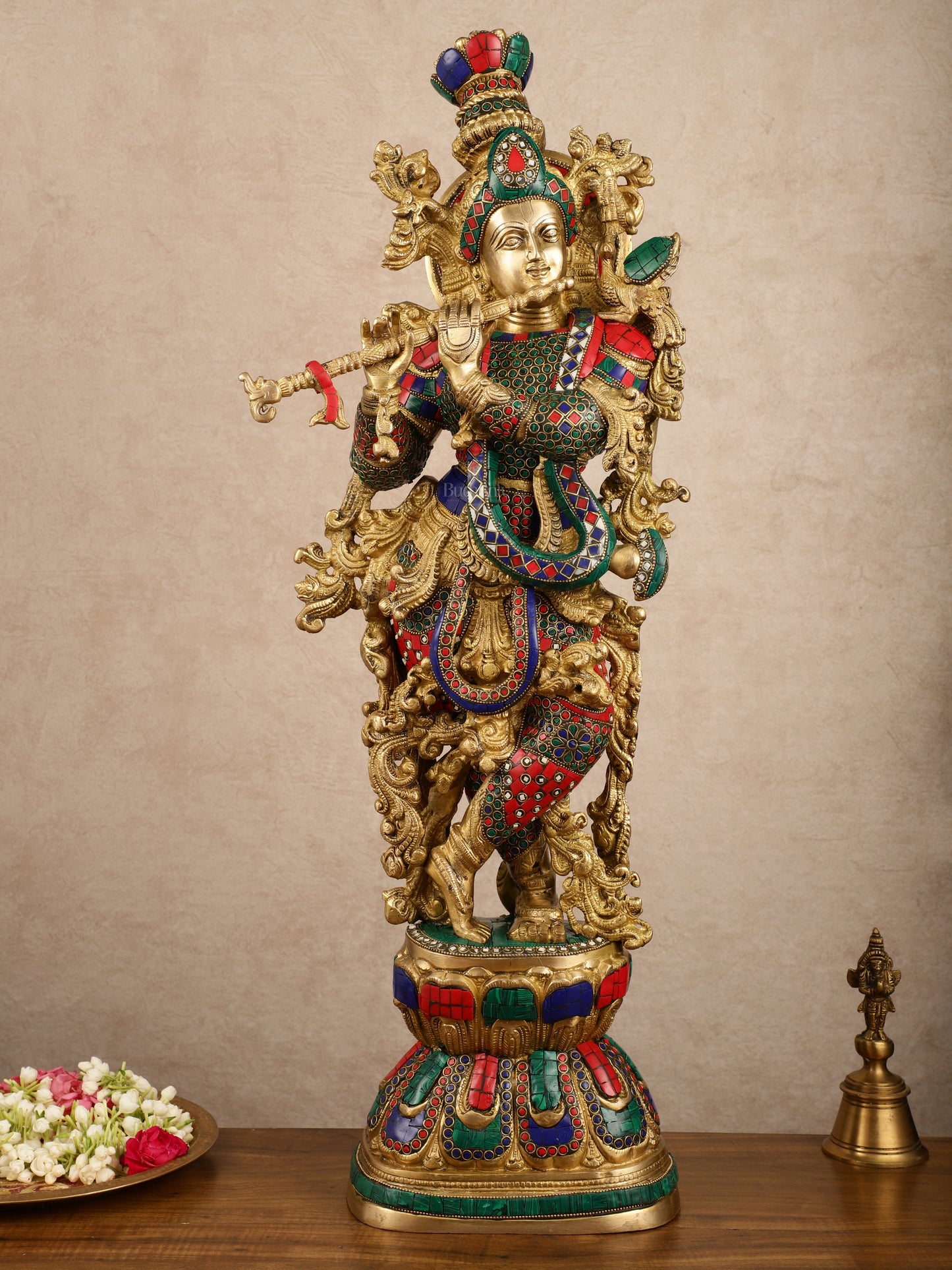 Pure Brass Radha Krishna with Stonework Meenakari | 30x11x6 Inches