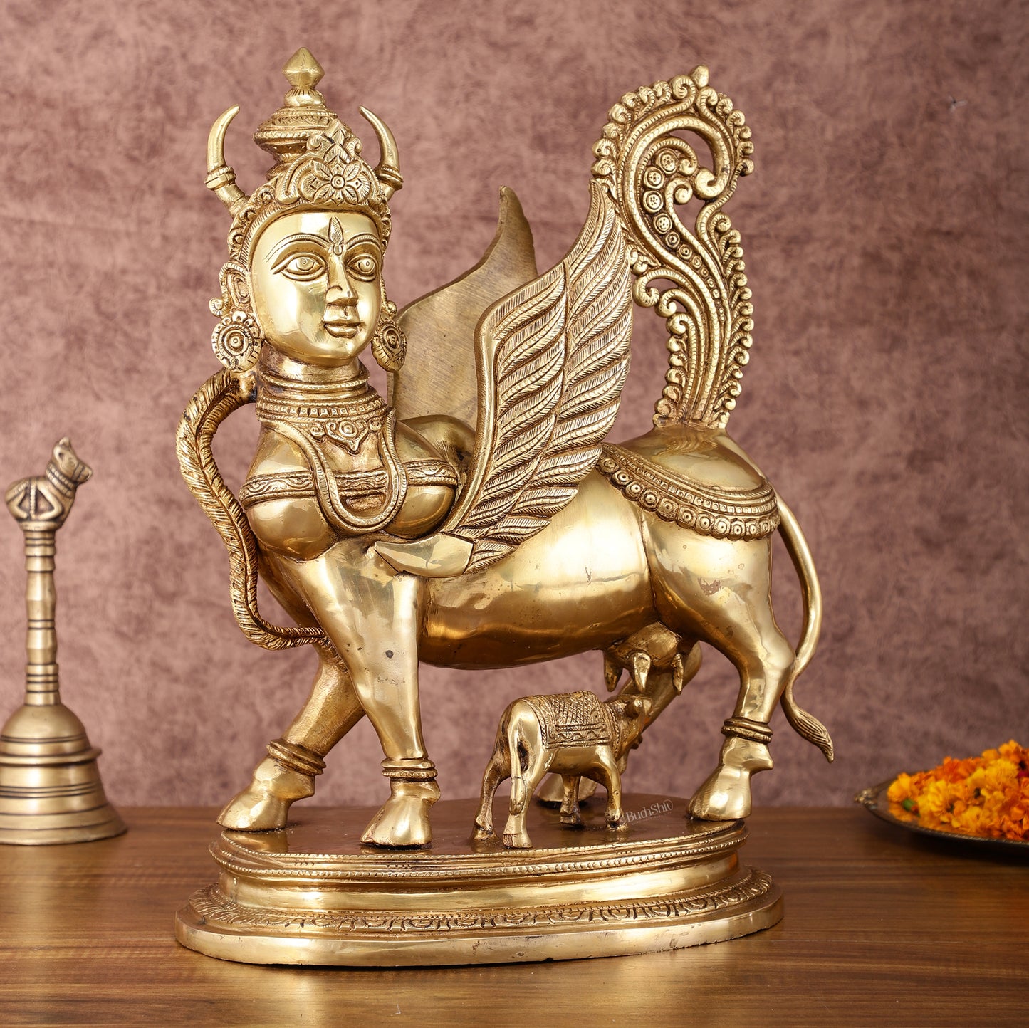 Exquisite Brass Kamdhenu Cow with calf  Statue | 16.5"