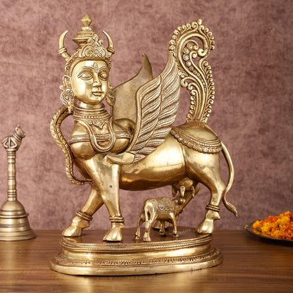 Exquisite Brass Kamdhenu Cow with calf  Statue | 16.5"