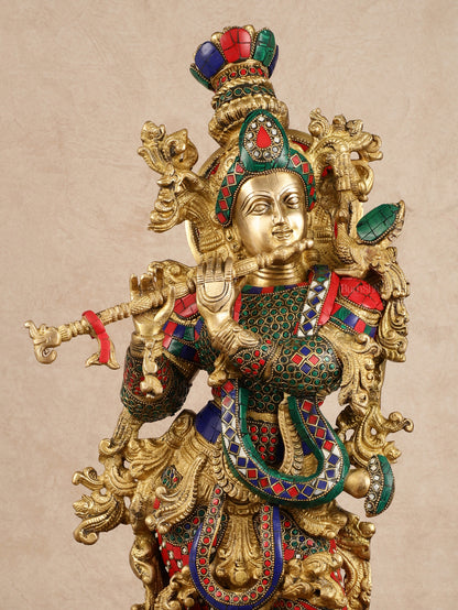 Pure Brass Radha Krishna with Stonework Meenakari | 30x11x6 Inches