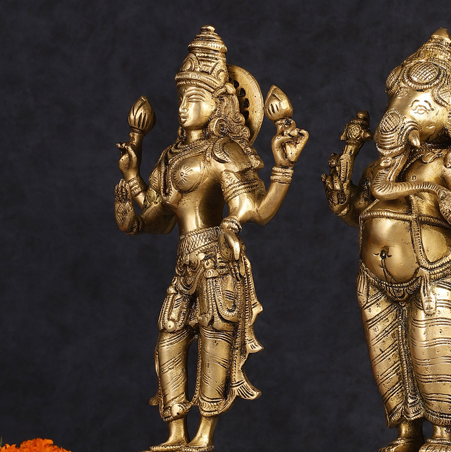 Brass Standing Ganesh Lakshmi Saraswati Idol Set 10"