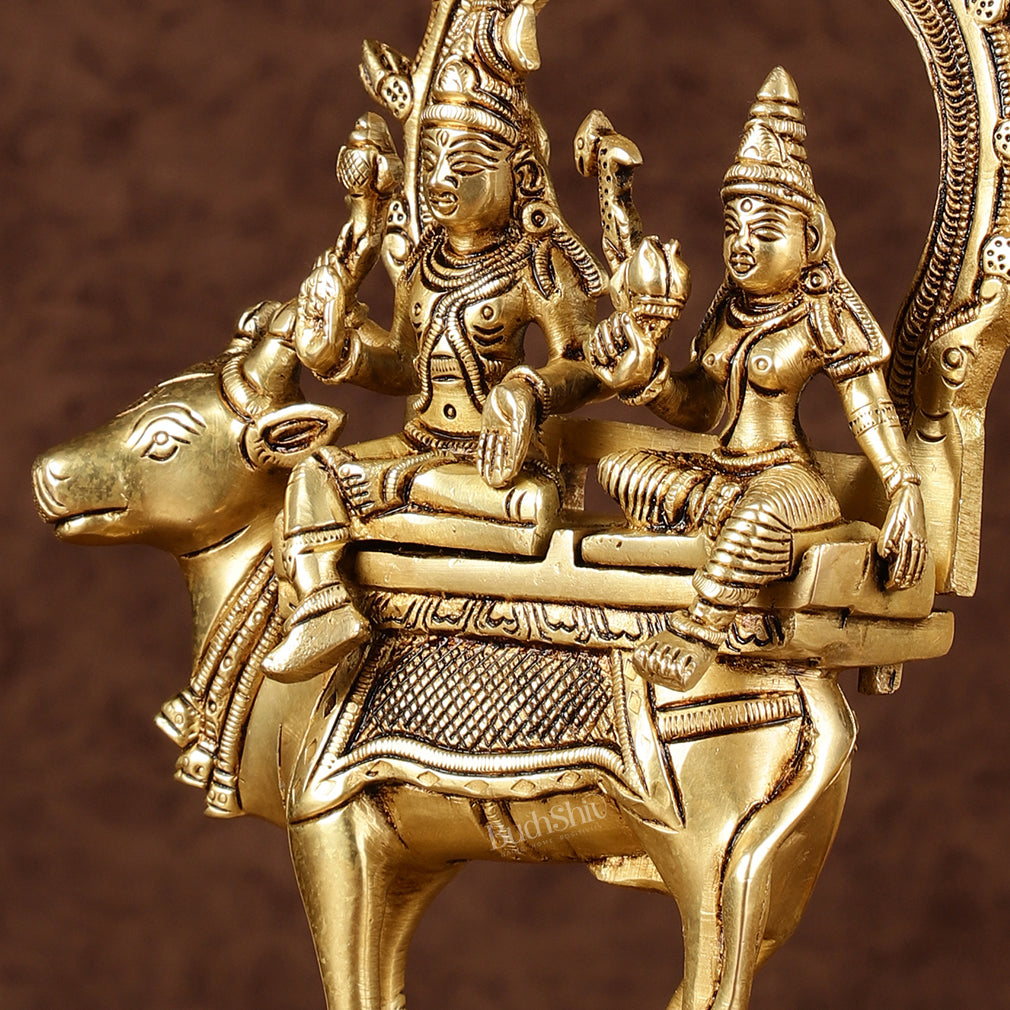 Brass Shiv Parvati seated on nandi Pradosh Nayagar with Prabhavali idol | Height: 9 inch