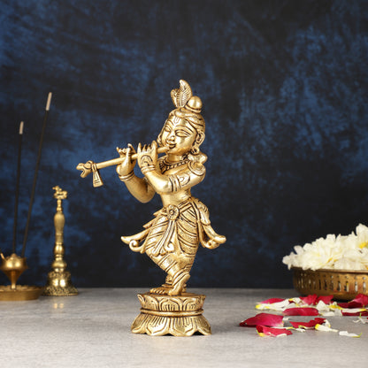 Superfine Brass Lord Krishna Idol Standing on Lotus Base - 7 inch