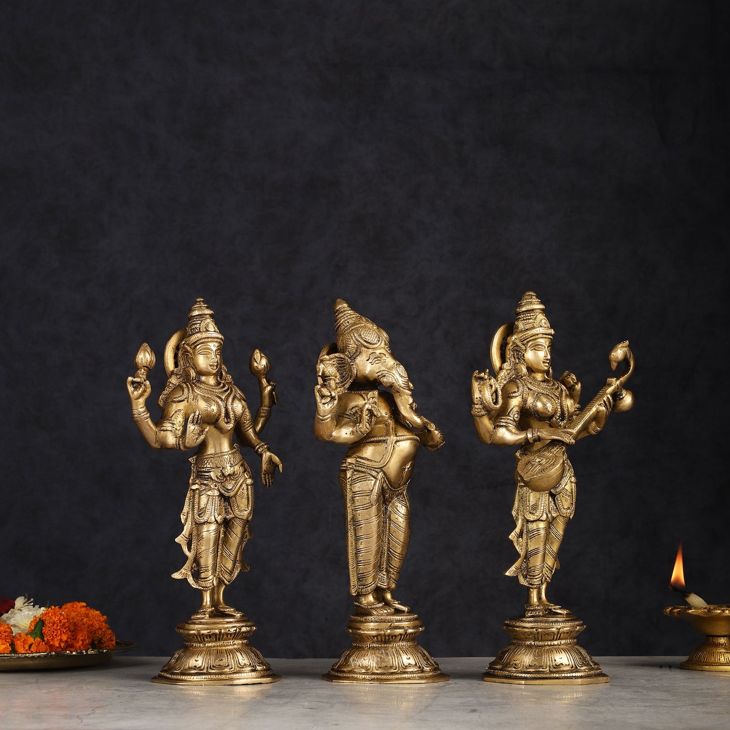 Brass Standing Ganesh Lakshmi Saraswati Idol Set 10"