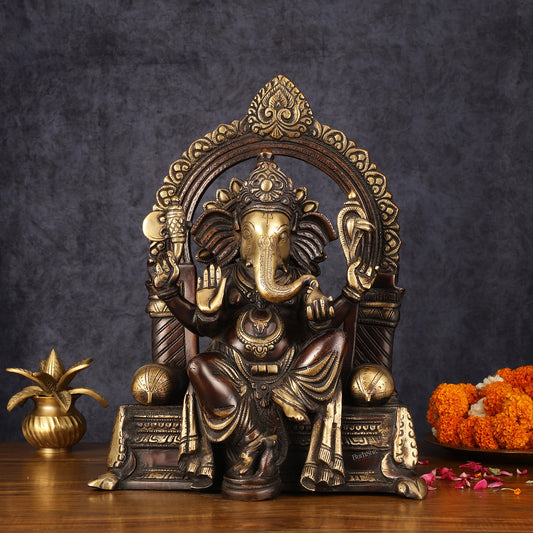 Pure Brass Superfine Lord Ganesha Seated on Throne Dual Tone Sculpture - 17"