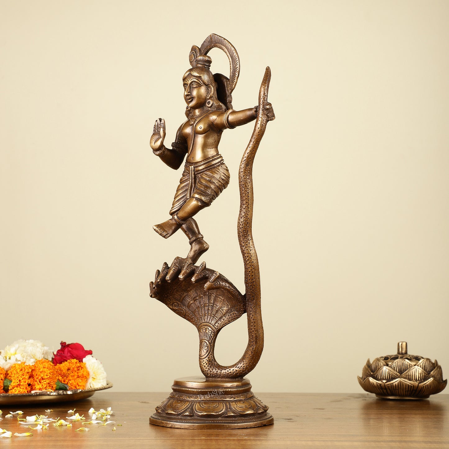 Krishna Dancing on Kaliya Naag Brass Idol 13"