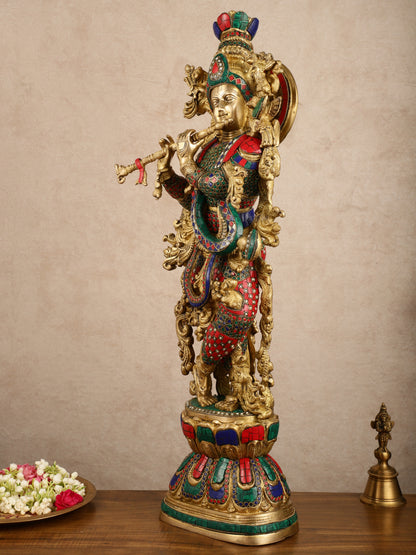 Pure Brass Radha Krishna with Stonework Meenakari | 30x11x6 Inches