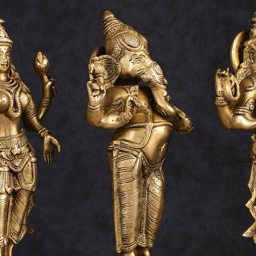 Brass Standing Ganesh Lakshmi Saraswati Idol Set 10"