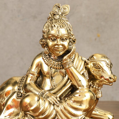 Pure Brass Superfine Bal Gopal with Cow Idol - 6 in Height