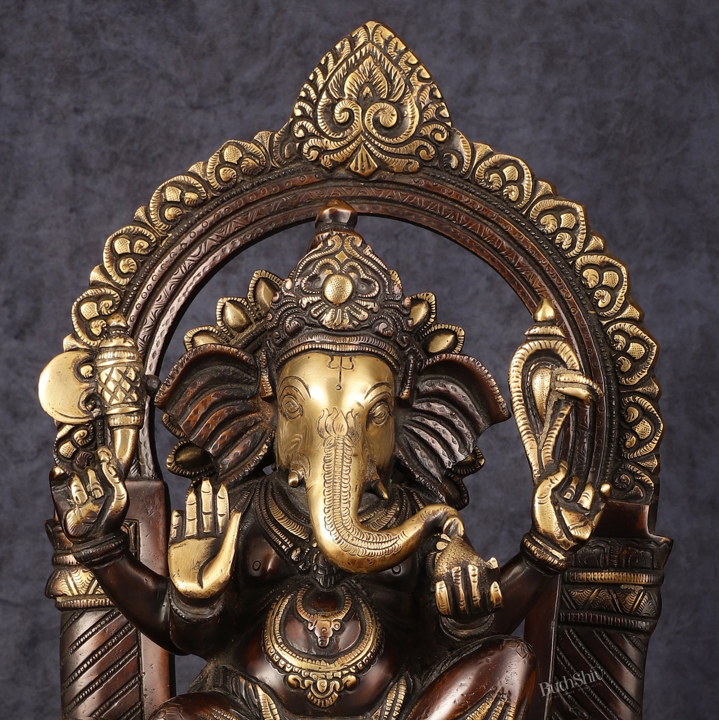 Pure Brass Superfine Lord Ganesha Seated on Throne Dual Tone Sculpture - 17"