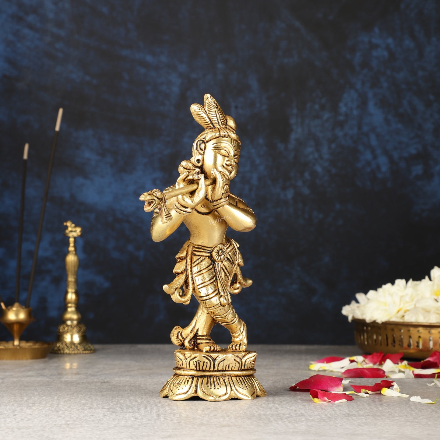 Superfine Brass Lord Krishna Idol Standing on Lotus Base - 7 inch