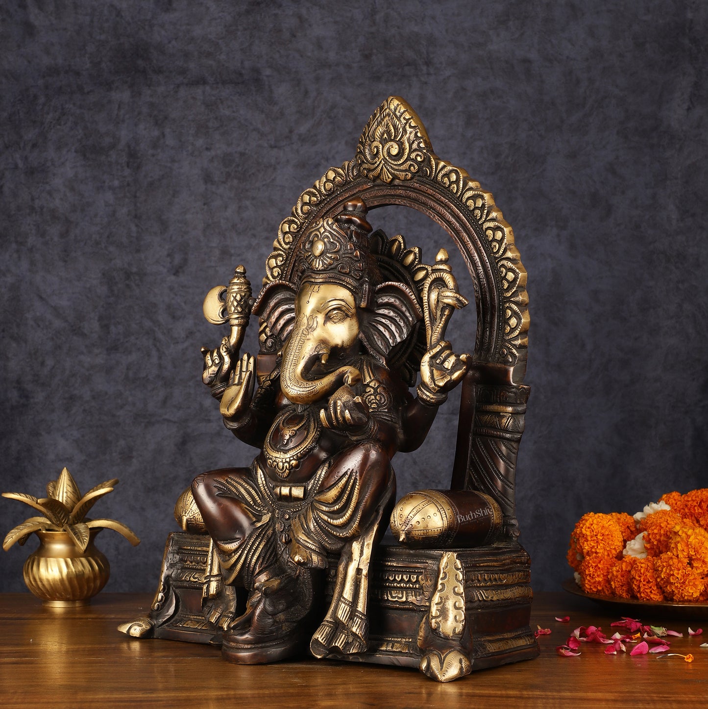 Pure Brass Superfine Lord Ganesha Seated on Throne Dual Tone Sculpture - 17"