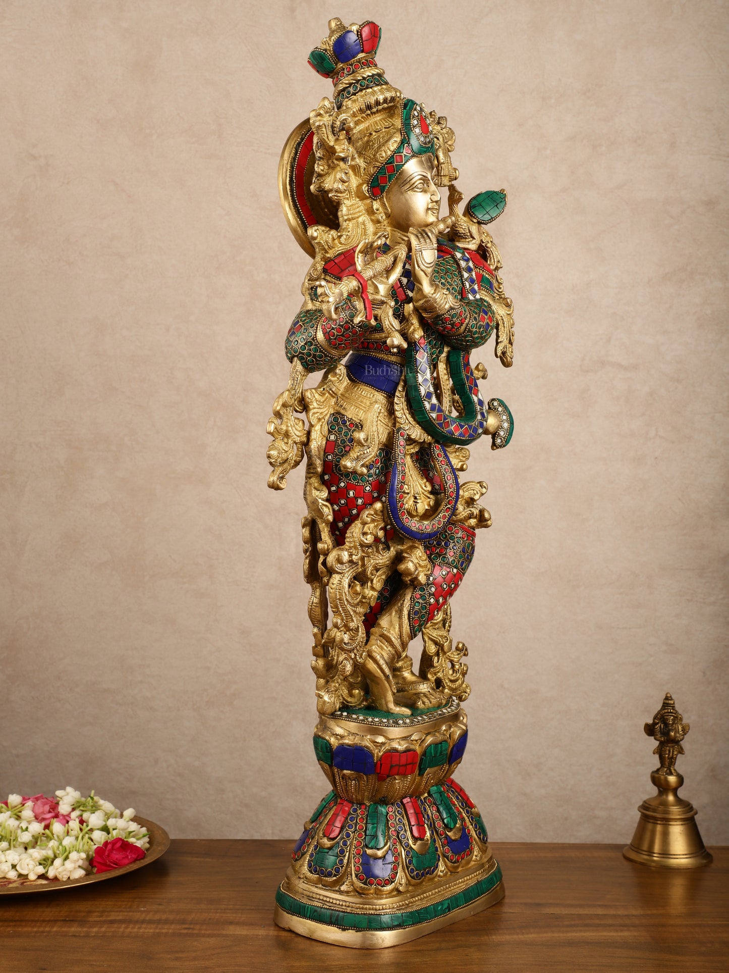 Pure Brass Radha Krishna with Stonework Meenakari | 30x11x6 Inches