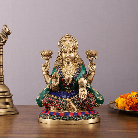 Pure Brass Goddess Lakshmi Statue with Meenakari Stonework – 8 inch