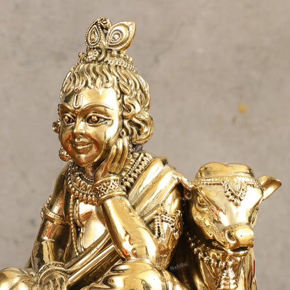 Pure Brass Superfine Bal Gopal with Cow Idol - 6 in Height