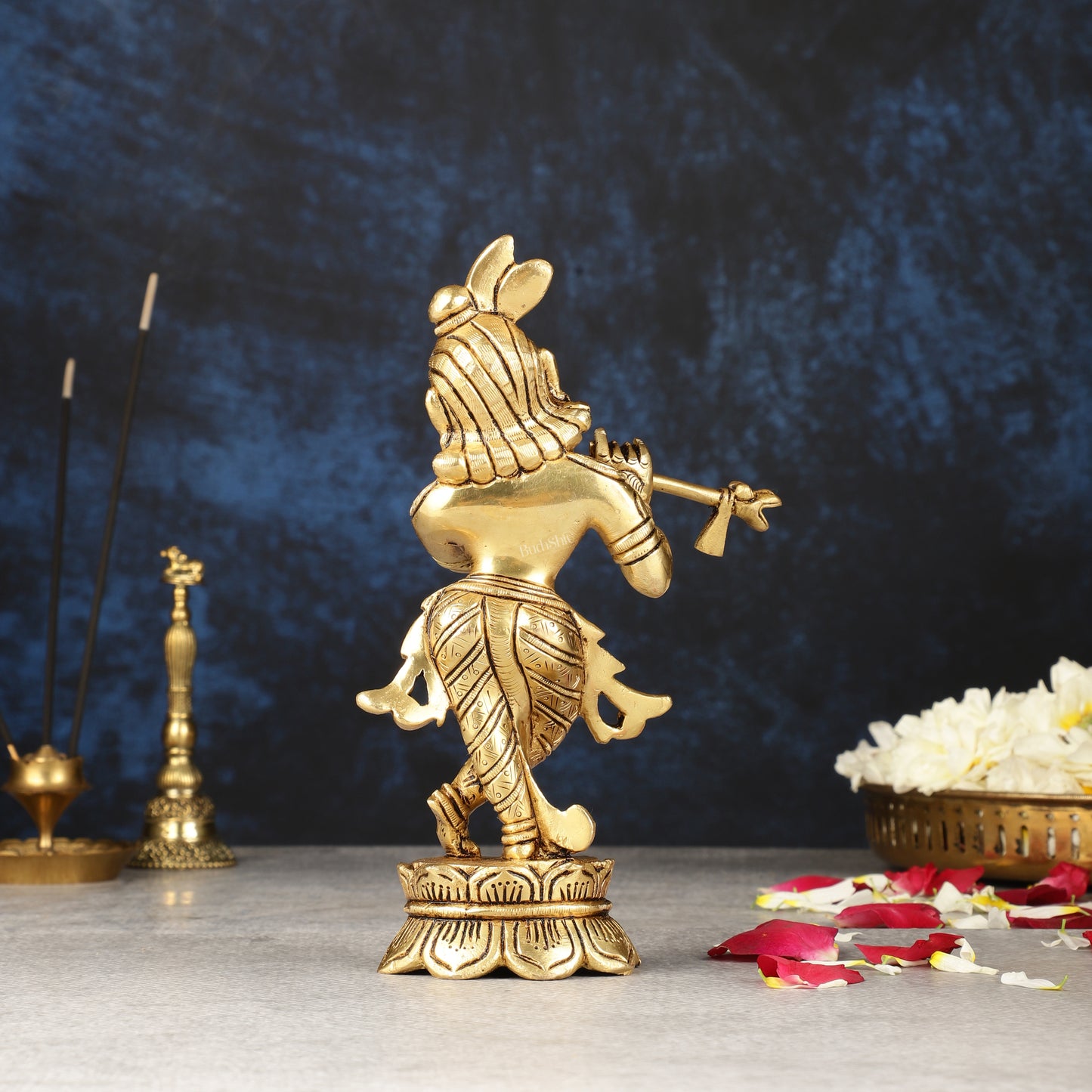 Superfine Brass Lord Krishna Idol Standing on Lotus Base - 7 inch