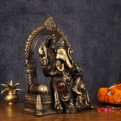 Pure Brass Superfine Lord Ganesha Seated on Throne Dual Tone Sculpture - 17"