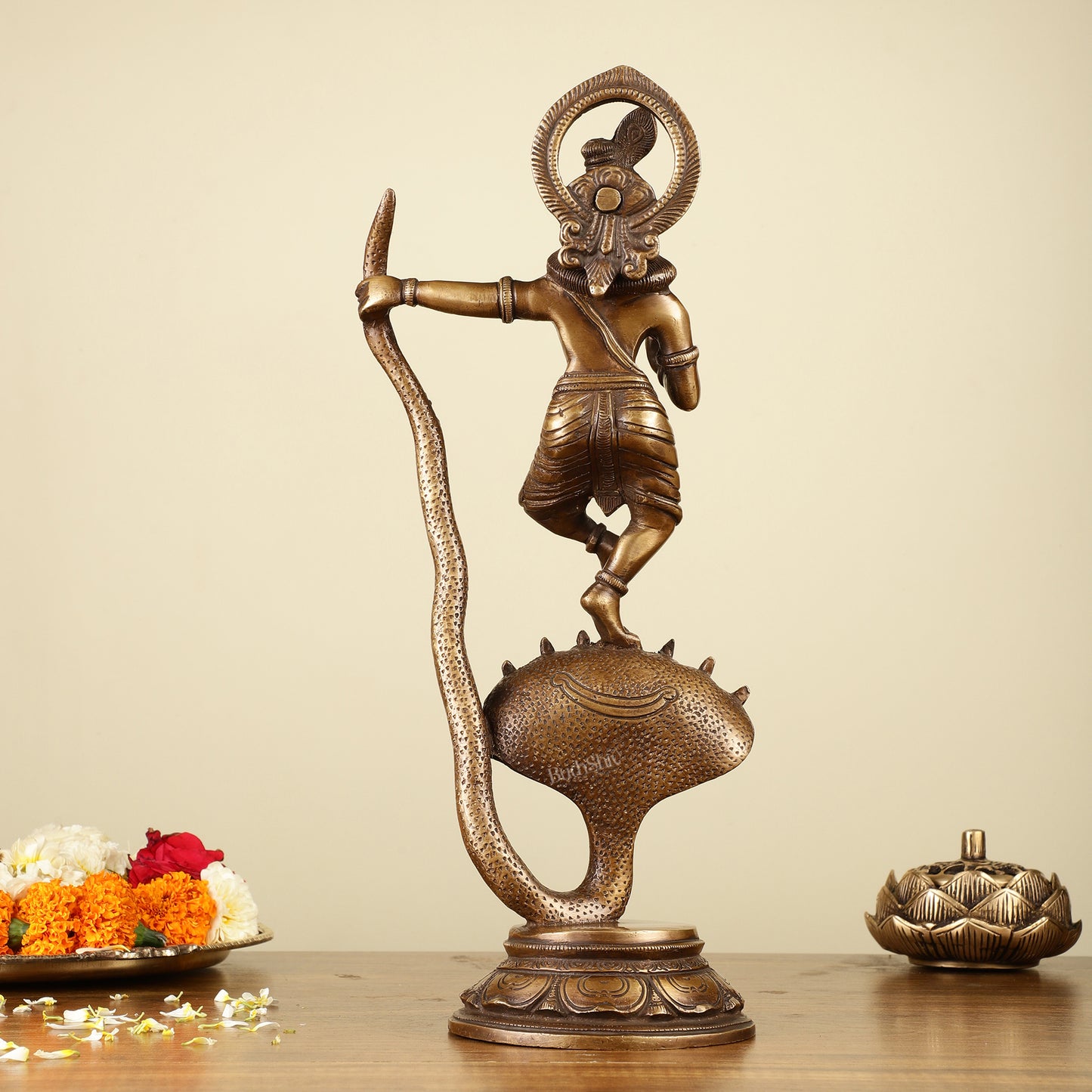 Krishna Dancing on Kaliya Naag Brass Idol 13"