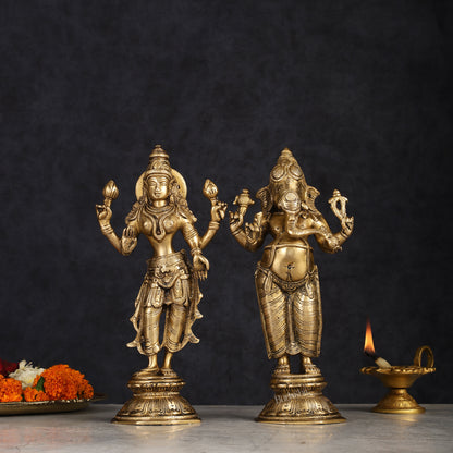 Brass Standing Ganesh Lakshmi Idol Set 10"