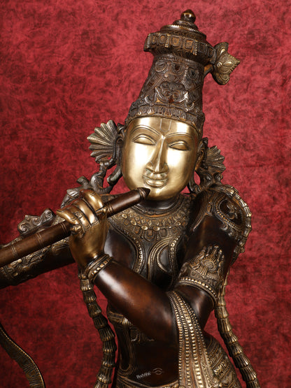 Superfine Handcrafted Krishna Sculpture | 45 Inch Tall | Premium Brown Gold Finish | 44 KG