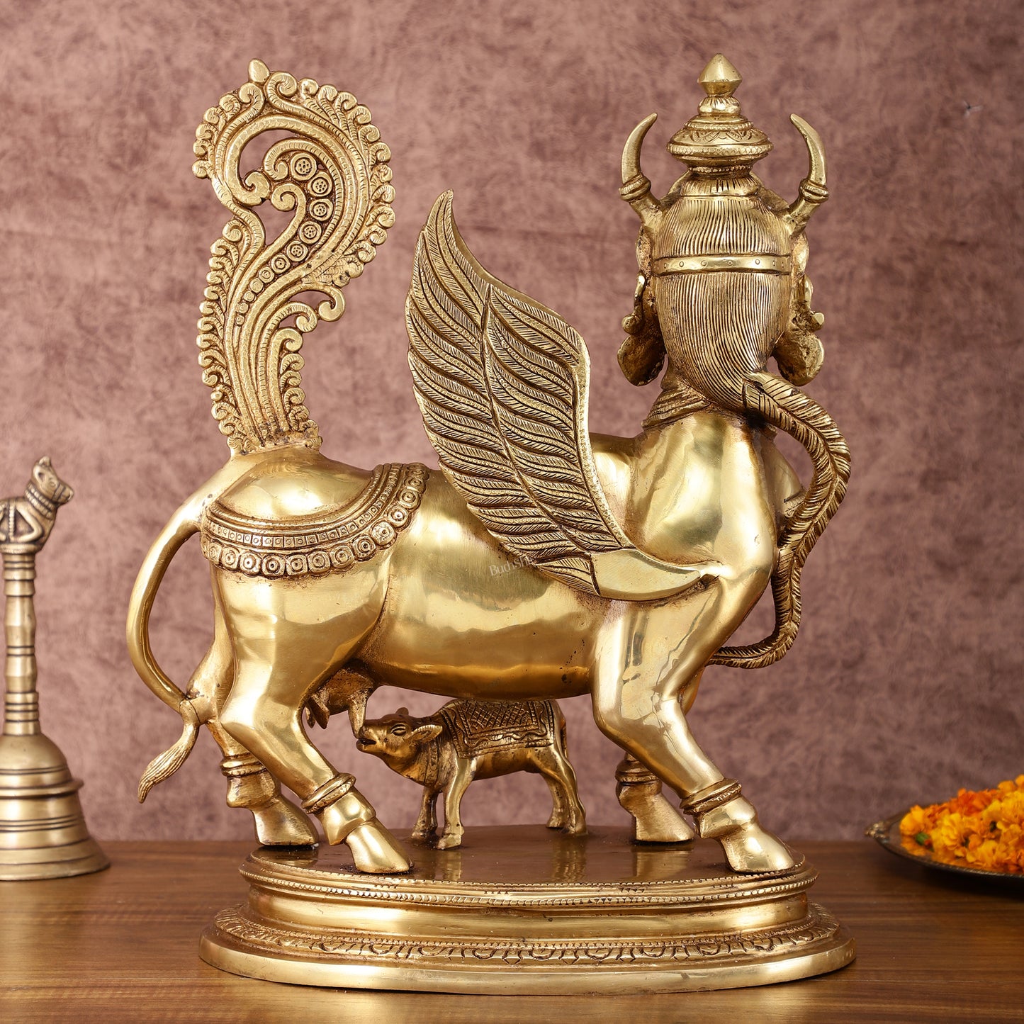 Exquisite Brass Kamdhenu Cow with calf  Statue | 16.5"