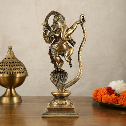 Brass Ganesha Dancing on Vasuki Naag Sculpture – 11.5 Inch