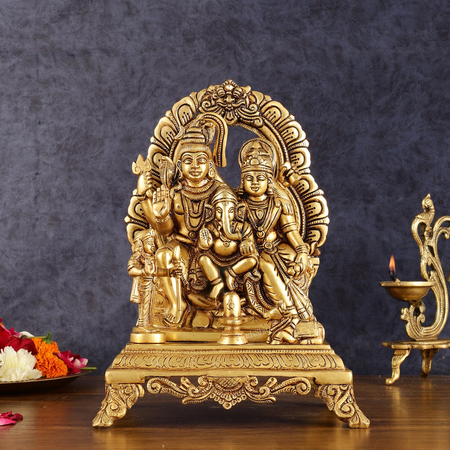 Pure Brass Shiva Parivar Statue - Intricately Carved Deity Sculpture 12 inch