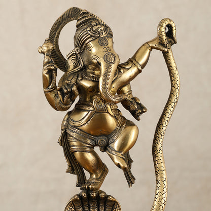 Brass Ganesha Dancing on Vasuki Naag Sculpture – 11.5 Inch