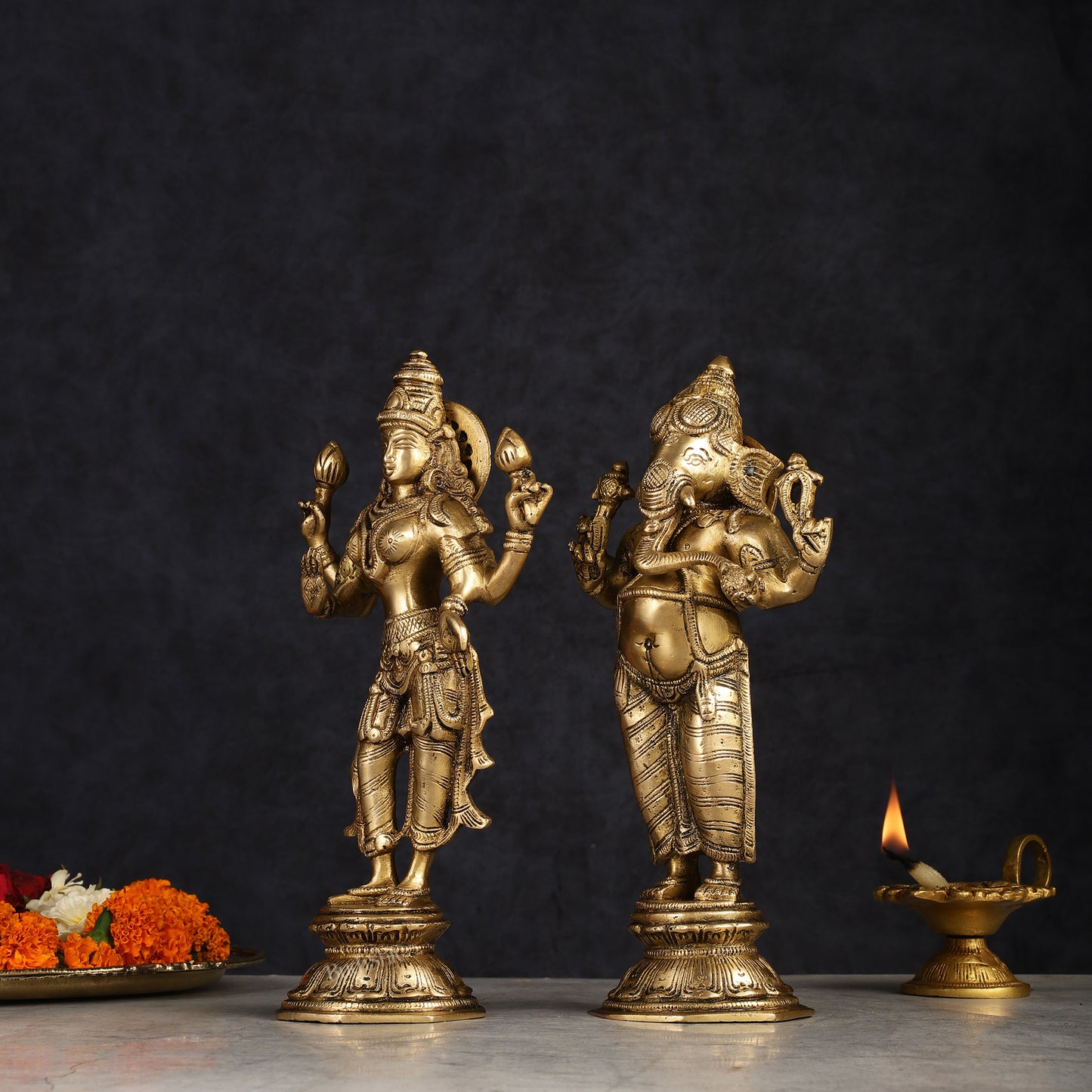 Brass Standing Ganesh Lakshmi Idol Set 10"