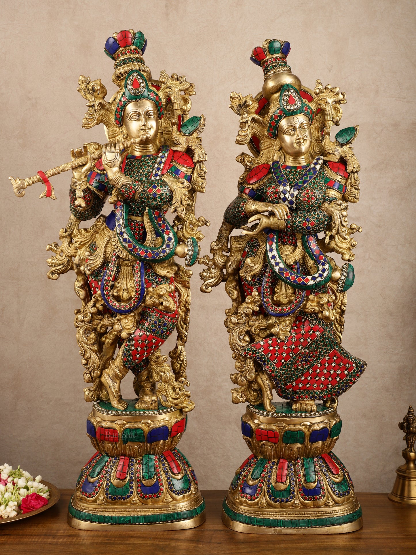 Pure Brass Radha Krishna with Stonework Meenakari | 30x11x6 Inches