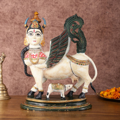 Vintage Rajasthani hand painted Brass Kamdhenu Cow with calf  Statue | 16.5"