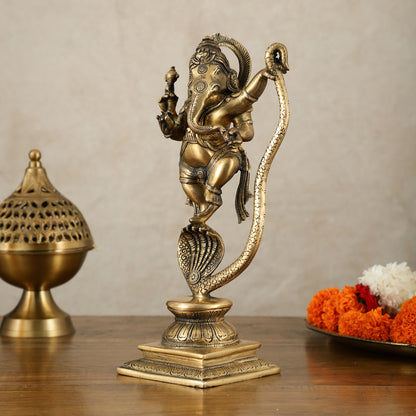 Brass Ganesha Dancing on Vasuki Naag Sculpture – 11.5 Inch