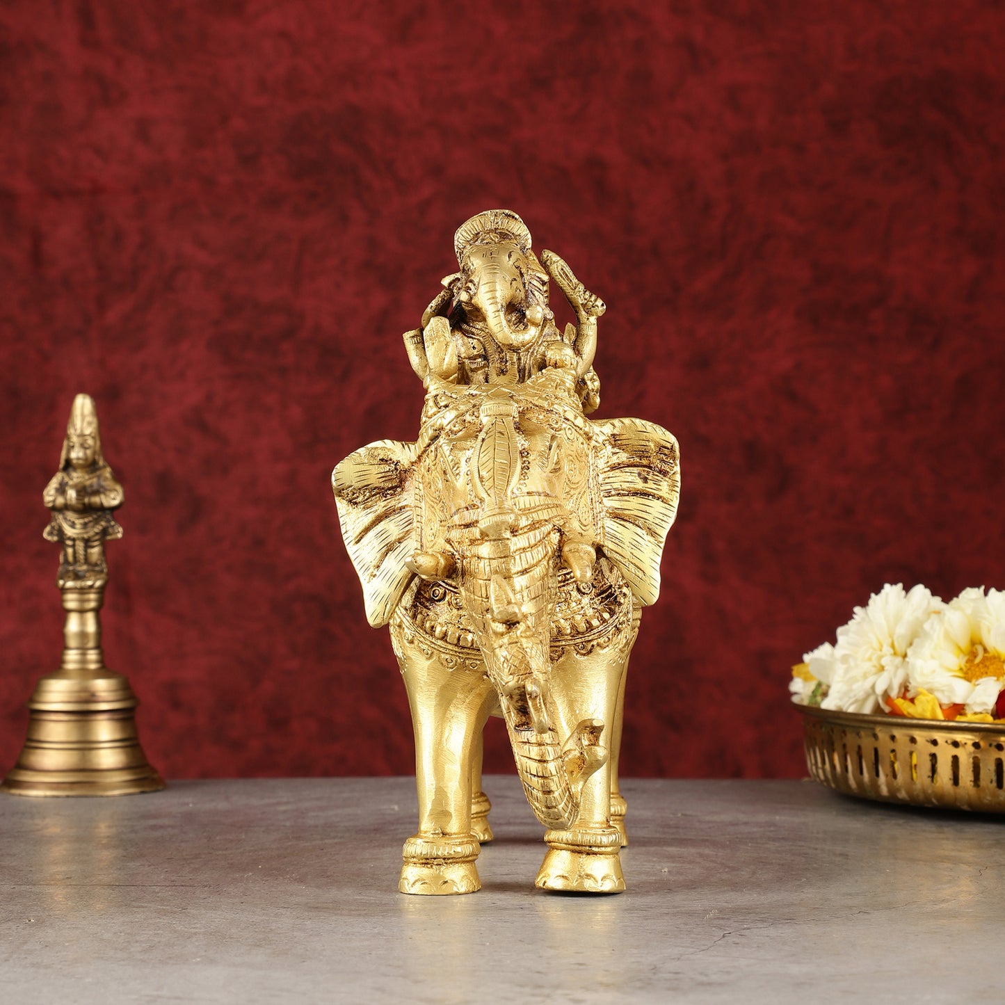 Pure Brass Handcrafted Ganesha with Riddhi Siddhi on Elephant Statue - 7.5"