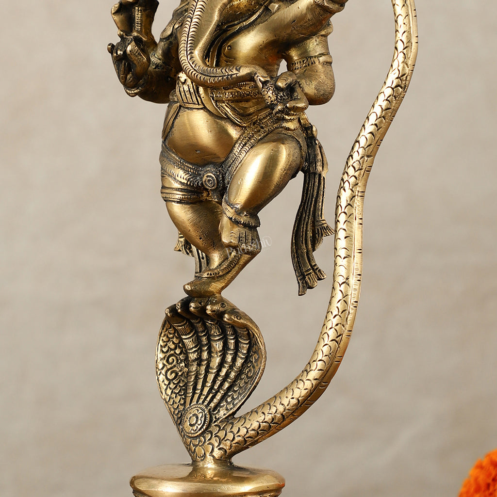 Brass Ganesha Dancing on Vasuki Naag Sculpture – 11.5 Inch