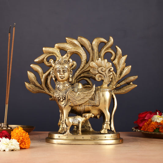 Pure Brass Auspicious Kamdhenu Cow with Kalpavriksha Idol - 7.5"
