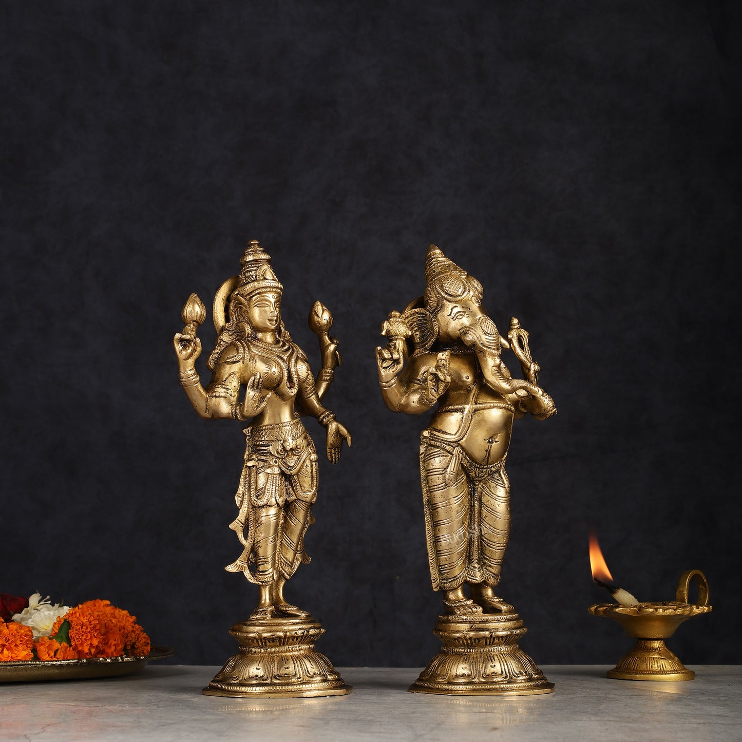 Brass Standing Ganesh Lakshmi Idol Set 10"