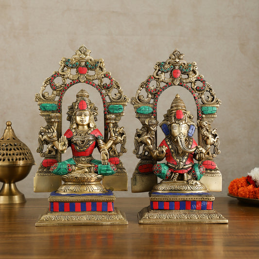 Brass Lord Ganesha and Goddess Lakshmi Idols with meenakari Stonework 12 inch