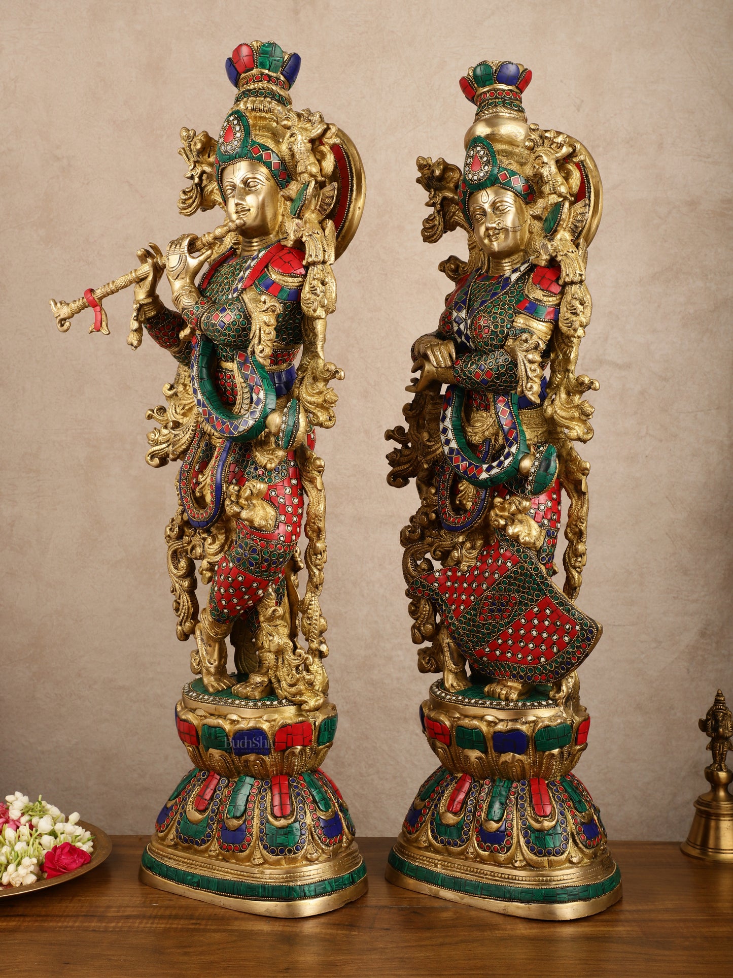 Pure Brass Radha Krishna with Stonework Meenakari | 30x11x6 Inches