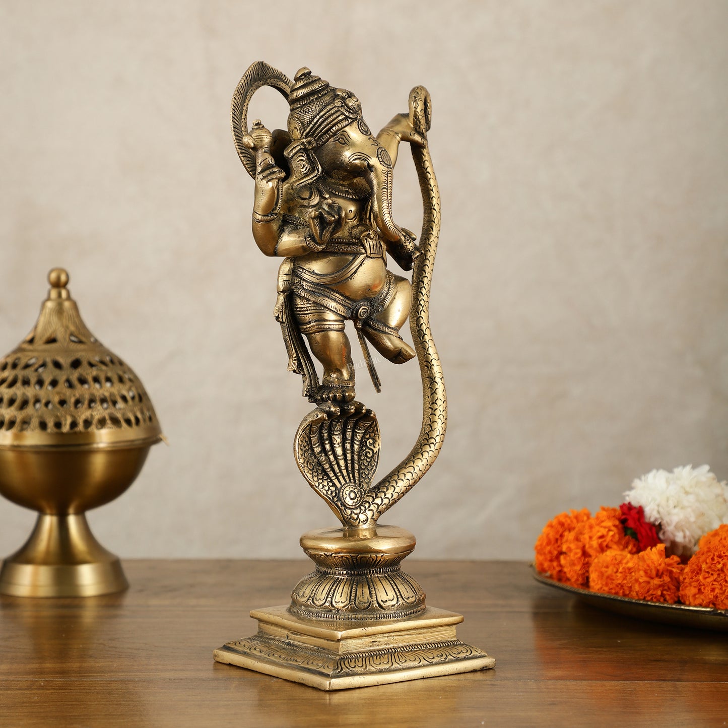 Brass Ganesha Dancing on Vasuki Naag Sculpture – 11.5 Inch