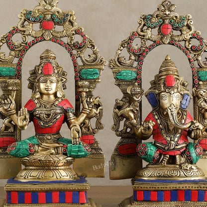 Brass Lord Ganesha and Goddess Lakshmi Idols with meenakari Stonework 12 inch