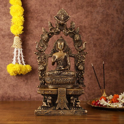 Pure Brass Buddha Seated on Engraved Aasan and Arch - 16"