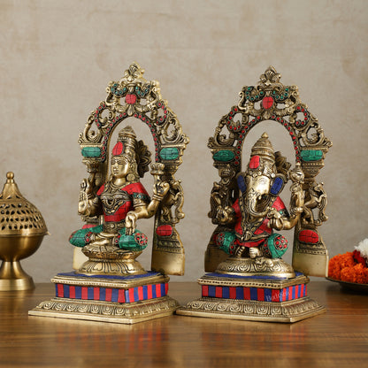 Brass Lord Ganesha and Goddess Lakshmi Idols with meenakari Stonework 12 inch