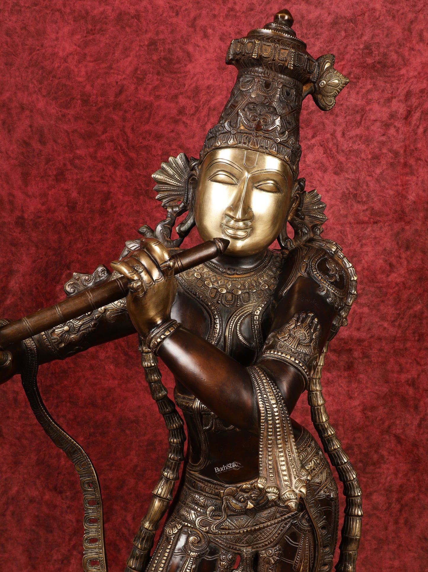 Superfine Handcrafted Krishna Sculpture | 45 Inch Tall | Premium Brown Gold Finish | 44 KG