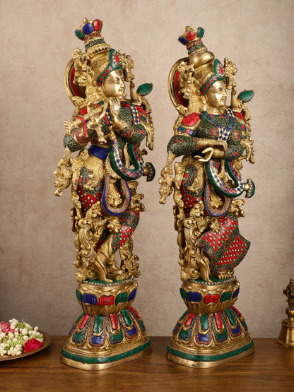 Pure Brass Radha Krishna with Stonework Meenakari | 30x11x6 Inches