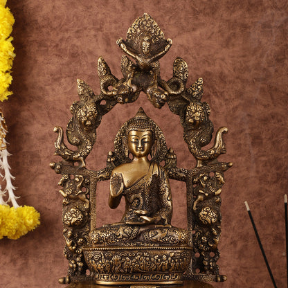 Pure Brass Buddha Seated on Engraved Aasan and Arch - 16"